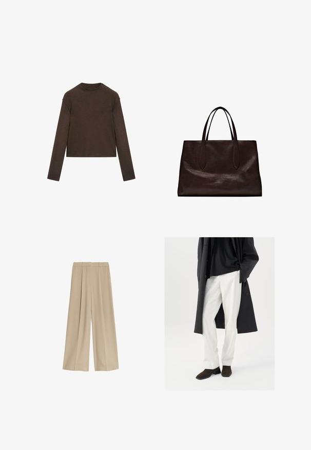 Maglione a maniche lunghe color marrone scuro con scollo rotondo, leggermente corto e dal design semplice e senza cuciture.; Pantaloni beige a gamba larga con una texture liscia, dotati di due tasche laterali e una vita piatta, progettati per una vestibilità comoda.; Cappotto nero chiuso con bottoni sopra una camicia nera, abbinato a pantaloni bianchi e scarpe in suede marroni. Il cappotto ha una vestibilità rilassata e una texture morbida.; Massimo Dutti Borsa a mano - brown