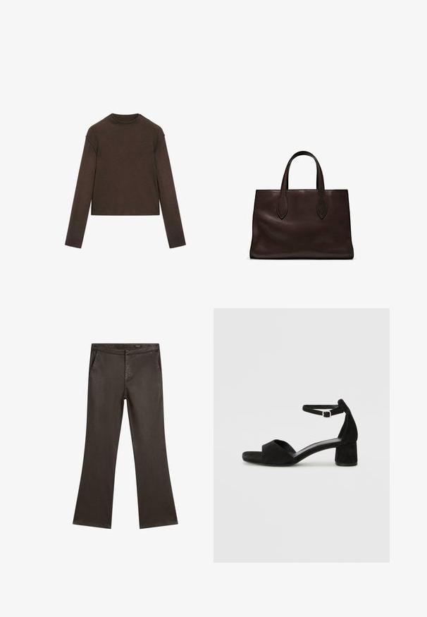 Dark brown long-sleeve crew neck sweater with a slightly cropped fit and simple, seamless design.; Dark brown straight-leg pants with side pockets and a waistband, displayed flat on a white background.; Black suede heeled sandals with a thin ankle strap, open toe design, and a modest block heel. Smooth texture and minimal accents.; Brown leather tote bag with two elongated handles, structured rectangular shape, smooth texture, and subtle stitching details.