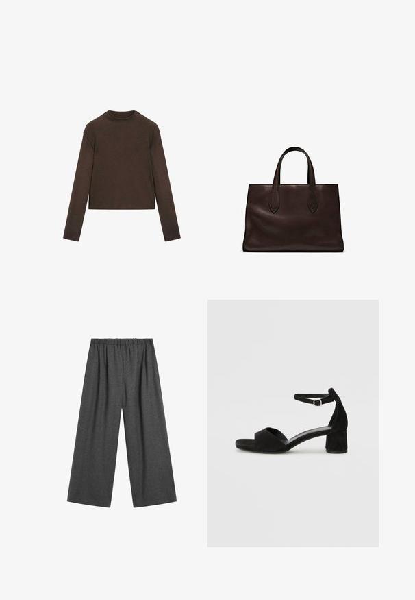 Ciemnobrązowy sweter z długim rękawem i okrągłym dekoltem, o lekko skróconym kroju i prostym, bezszwowym designie.; Szerokie spodnie w ciemnoszarym kolorze z elastycznym pasem, z fakturowanym wykończeniem, bez widocznych wzorów lub kieszeni.; Czarne zamszowe sandały na obcasie z cienkim paskiem wokół kostki, otwartym noskiem i skromnym słupkowym obcasem. Gładka faktura i minimalne akcenty.; Brązowa skórzana torba tote z dwoma wydłużonymi uchwytami, usztywnionym prostokątnym kształtem, gładką teksturą i subtelnymi detalami przeszycia.