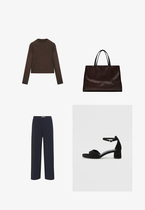 Tmavě hnědý svetr s dlouhým rukávem a kulatým výstřihem, mírně zkráceným střihem a jednoduchým, bezešvým designem.; Námořnické modré kalhoty s širokými nohavicemi vyrobené z měkké tkaniny, s elastickým pasem a bez viditelných kapes či ozdob.; Černé sametové sandály na podpatku s tenkým řemínkem kolem kotníku, otevřenou špičkou a skromným blokovým podpatkem. Hladká textura a minimální akcenty.; Massimo Dutti Kabelka - brown