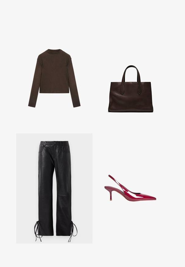 Dark brown long-sleeve crew neck sweater with a slightly cropped fit and simple, seamless design.; Black leather trousers featuring a slightly textured finish, straight-leg cut, and adjustable laces at the hem for customizable fit.; Red patent leather slingback pump with a pointed toe, low heel, and cut-out sides. Glossy finish highlights sleek design.; Brown leather tote bag with two elongated handles, structured rectangular shape, smooth texture, and subtle stitching details.