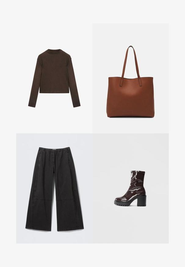 Ciemnobrązowy sweter z długim rękawem i okrągłym dekoltem, o lekko skróconym kroju i prostym, bezszwowym designie.; Czarne spodnie o szerokich nogawkach wykonane z bawełny, z elastycznym paskiem w talii, teksturowaną tkaniną oraz przeszyciami na bocznych panelach.; Błyszczące bordowe botki za kostkę z masywną czarną obcasem, charakteryzujące się gładką teksturą i prostym wzornictwem. Brak widocznych zapięć lub wzorów.; Brązowa skórzana torba tote o gładkiej fakturze, z otwartym wierzchem i dwoma ramiączkami. Charakteryzuje się minimalnym przeszyciem i brakiem widocznych elementów metalowych.