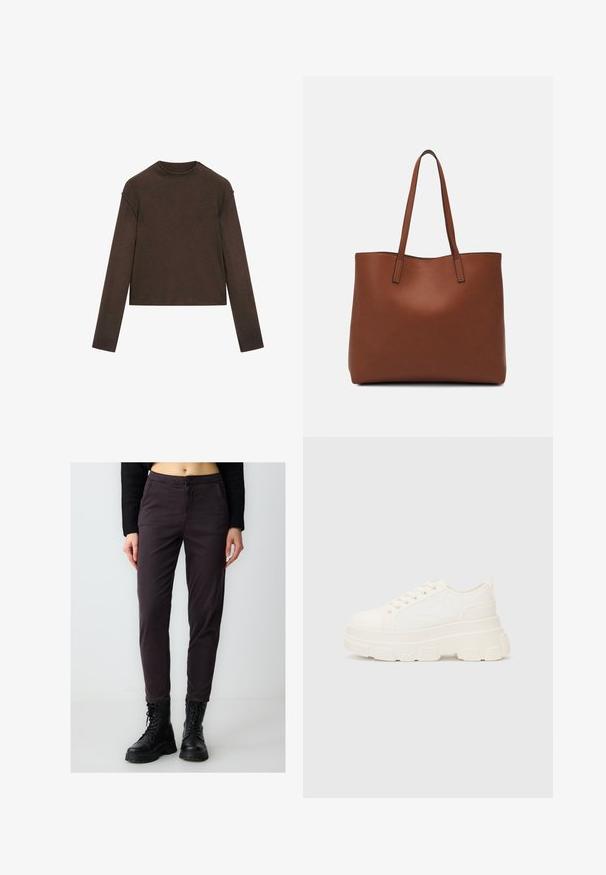 Maglione a maniche lunghe color marrone scuro con scollo rotondo, leggermente corto e dal design semplice e senza cuciture.; Pantaloni aderenti grigio scuro in misto cotone, con chiusura a bottone e tasche laterali, abbinati a stivali neri con lacci.; Sneaker bianca in tela con suola spessa, punta arrotondata e cinque occhielli per i lacci. Linguetta sul retro per una facile calzata. Texture liscia, design minimalista.; Borsa tote in pelle marrone con texture liscia, design con apertura superiore e due spallacci. Presenta cuciture minime e nessun hardware visibile.