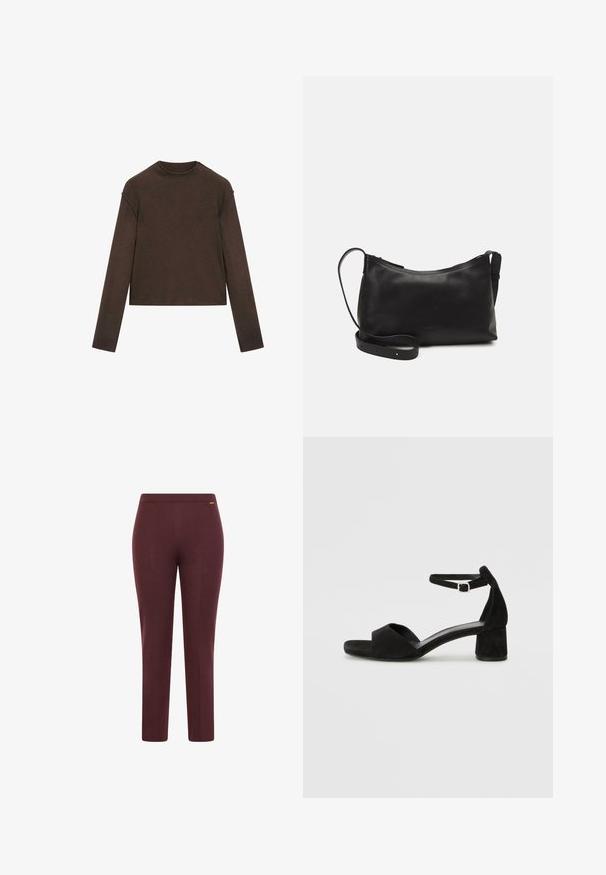 Mørkebrun langærmet trøje med rund hals, let cropped pasform og enkel, sømløs design.; Bordeaux strækbukser med en glat tekstur, en tætsiddende design og et enkelt talje bælte; har et minimalistisk logo detalje.; Sorte ruskind hælede sandaler med en tynd ankelsnor, åben tå design og en beskeden blokhæl. Glat tekstur og minimale detaljer.; Sort læder skuldertaske med en glat tekstur, buet form, justerbar rem og lynlås. Minimalistisk design uden udsmykninger.