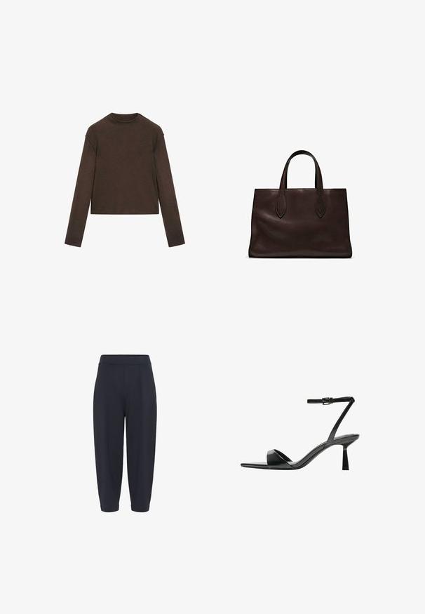 Tmavě hnědý svetr s dlouhým rukávem a kulatým výstřihem, mírně zkráceným střihem a jednoduchým, bezešvým designem.; Námořnické modré zúžené kalhoty s elastickým pasem, které mají středové sklady, hladkou strukturu a délku ke kotníkům.; Bershka Sandály na vysokém podpatku - black; Hnědá kožená taška přes rameno s dvěma dlouhými uchy, strukturální obdélníkový tvar, hladká textura a jemné švy.