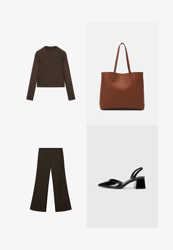 Pull marron foncé à manches longues avec col ras du cou, coupe légèrement cropée et design simple et sans coutures.; Pantalon à jambes larges en tissu uni marron foncé. Texture lisse avec une taille haute, sans ferrures ni motifs apparents.; Escarpins en cuir verni noir avec bout pointu et talon bloc géométrique. Présente un design élégant et minimaliste ainsi qu'une texture lisse.; Sac fourre-tout en cuir marron avec une texture lisse, design à ouverture supérieure et deux poignées pour le porter à l'épaule. Présente des coutures minimales et aucun matériel visible.