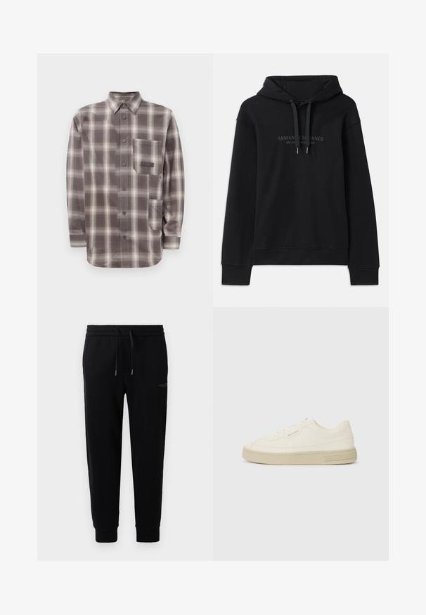 Felpa nera realizzata in tessuto morbido, con cappuccio regolabile tramite cordino e polsini a costine. Logo ricamato in tonalità scure sulla parte anteriore.; Camicia a maniche lunghe a quadri marrone e beige con due tasche frontali e colletto a punta.; Pantaloni da jogger neri realizzati in misto cotone, con cintura elastica e cordoncino, caviglie a costina e una stampa del logo discreta sul lato.; Sneakers bianche in tela con suola in gomma testurizzata, dotate di una punta cucita e di un accento con logo sul tallone. Design semplice con lacci.