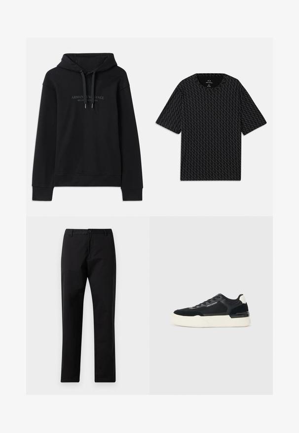 Black hoodie made of soft fabric, featuring a drawstring hood and ribbed cuffs. Embroidered logo in dark tones on the front.; Black T-shirt featuring a textured pattern of alternating 'A' logos, short sleeves, and a crew neckline. Made from lightweight fabric.; Black straight-leg trousers with button and zip closure, belt loops, and front pockets, displayed on white background.; Black sneaker made of mesh and leather, featuring a thick white sole and contrasting accents. Laces and logo detail on the side.