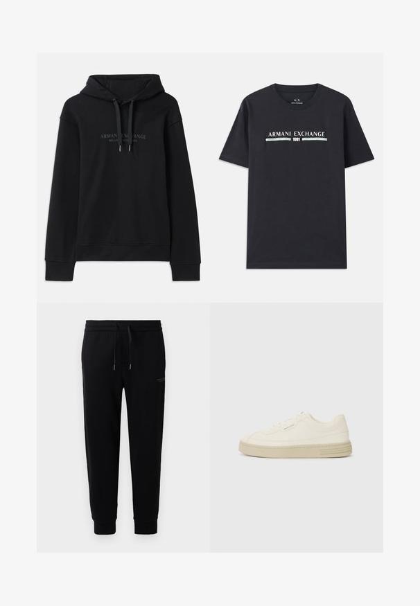 Črna kapuca iz mehkega materiala, z vrvico za nastavitev in rebrastimi manšetami. Vezeno logotip v temnih tonih na sprednji strani.; Črna bombažna majica s kratkimi rokavi, ki na prsih prikazuje logo "Armani Exchange" in leto "1991" v beli in svetlo modri barvi. Ima okroglo izreza.; Črne trenirke iz mešanice bombaža, z elastičnim pasom in vrvico, z manšetami na gležnjih ter diskretnim tiskom logotipa ob strani.; Bele platnene športne copate z teksturirano gumijasto podplatom, ki imajo šivani zaščitni prst in logo na peti. Enostavna zasnova z vezalkami.