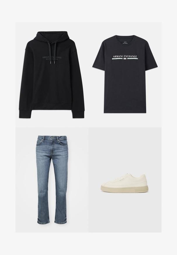 Svart hettegenser laget av mykt stoff, med snor til hetten og ribbede mansjetter. Brodert logo i mørke toner på fronten.; Svart bomull T-skjorte med "Armani Exchange"-logo og "1991" i hvit og lyseblå tekst over brystet. Korte ermer, rund hals.; Blå denimjeans har en rett ben-design, fem-lomme stil og en knappelukking med kontrasterende sømmer.; Hvite lerrets sneakers med en teksturert gummisåle, med en sydd tåhette og logo aksent på hælen. Enkel snøring.
