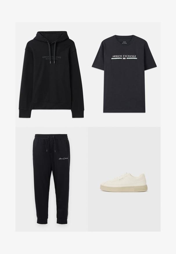 Černá mikina s kapucí vyrobená z měkké tkaniny, s tkaničkou na kapuci a žebrovanými manžetami. Vyšívané logo v tmavých odstínech na přední straně.; Černé bavlněné tričko s logem "Armani Exchange" a číslem "1991" v bílé a světle modré barvě na hrudi. Krátké rukávy, kulatý výstřih.; Černé tepláky z měkké látky s elastickým pasem a šňůrkou na stažení, vyznačující se vyšitým logem a kapsami na zip.; Bílé plátěné tenisky s texturovanou gumovou podrážkou, se šitým špičkovým krytem a logem na patě. Jednoduchý design na šněrování.