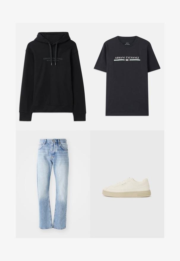 Crna dukserica s kapuljačom izrađena od mekanog materijala, s povlačnom kapuljačom i rebrastim manžetama. Izvezeni logo u tamnim tonovima na prednjoj strani.; Crni pamučni majica s logom "Armani Exchange" i tekstom "1991" u bijeloj i svijetloplavoj boji preko prsa. Kratki rukavi, okrugli izrez.; Svijetloplave traperice ravnog kroja. Imaju dizajn s pet džepova, dugmasti patent zatvarač i izblijedjelu teksturu prema dnu.; Bijele platnene tenisice s teksturiranom gumenom potplatom, s ušivenim vrhom i logom na peti. Jednostavan model za vezanje.
