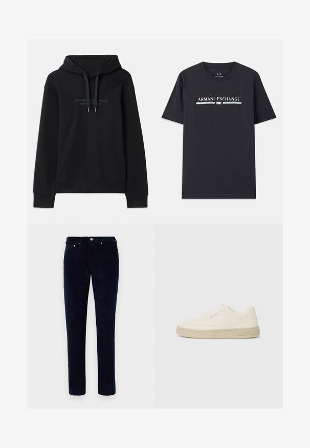 Svart hoodie gjord av mjukt tyg, med en snörning i huvan och ribbade muddar. Broderad logotyp i mörka nyanser på framsidan.; Svart bomullströja med "Armani Exchange"-logotyp och "1991" i vit och ljusblå text över bröstet. Korta ärmar, rund halsringning.; Mörkblå smal passform kordbyxor för herrar med framsidans och baksidans fickor, bältesöglor och knappstängning.; Vita canvas sneakers med en texturerad gummisula, med en sydd tåhätta och logotypdetalj på hälen. Enkel snörningsdesign.