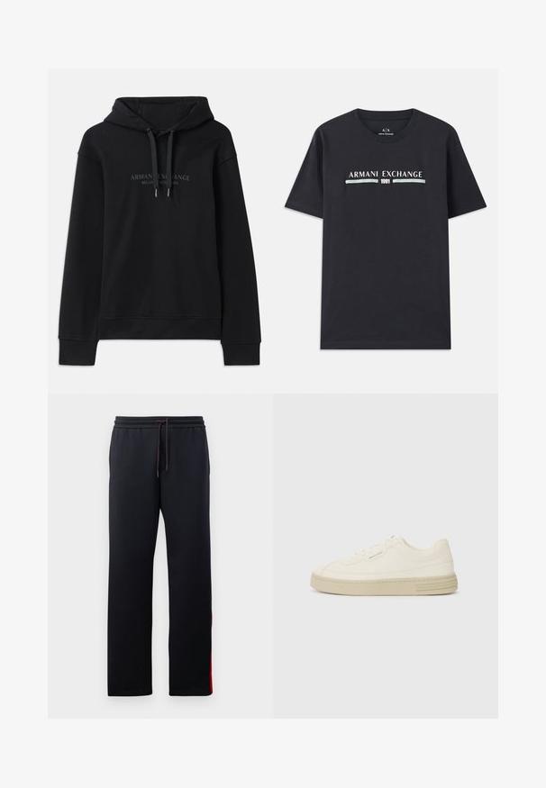 Sweatshirt preto feito de tecido macio, com capô ajustável e punhos canelados. Logótipo bordado em tons escuros na parte da frente.; T-shirt de algodão preta com o logótipo "Armani Exchange" e "1991" em texto branco e azul claro no peito. Mangas curtas, decote redondo.; Calças de treino negras com uma cintura elástica ajustável, pernas ajustadas e riscas vermelhas nas laterais. Tecido suave e elástico com uma textura lisa.; Ténis de tela brancos com sola de borracha texturizada, apresentando uma biqueira cosida e um detalhe com o logótipo no calcanhar. Design simples com atacadores.