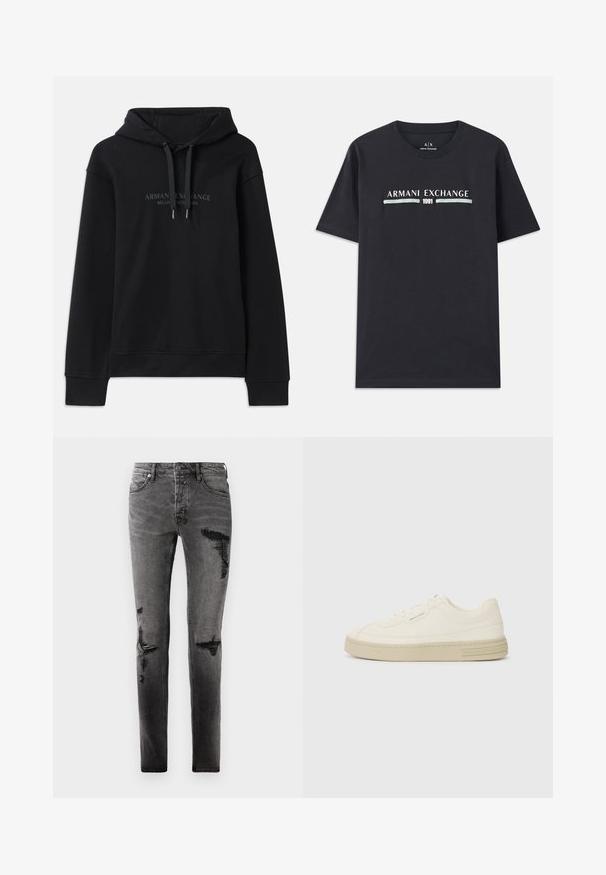 Zwarte hoodie van zacht materiaal, met een capuchon met trekkoord en ribbels aan de mouwen. Geborduurd logo in donkere tinten op de voorkant.; Zwarte katoenen t-shirt met het logo "Armani Exchange" en "1991" in witte en lichtblauwe tekst op de borst. Korte mouwen, ronde hals.; Zwarte denim jeans met gescheurde details, met een slim fit, vijf zakken en een klassieke rits. Versleten look met vervaagde gedeelten.; Witte canvas sneakers met een gestructureerde rubberen zool, featuring een gestikte neuskap en logo-accent op de hak. Eenvoudig vetersluiting ontwerp.