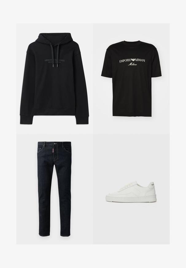 Black hoodie made of soft fabric, featuring a drawstring hood and ribbed cuffs. Embroidered logo in dark tones on the front.; Black cotton T-shirt featuring a round neckline, short sleeves, and "EMPORIO ARMANI" logo in white above "Milano" in a curved design.; Dark blue denim jeans with a slim fit, featuring a button closure, five pockets, and contrasting yellow stitching on the seams.; White leather sneaker with a smooth finish, round toe, flat laces, and a textured sole. Features a subtle logo on the heel.
