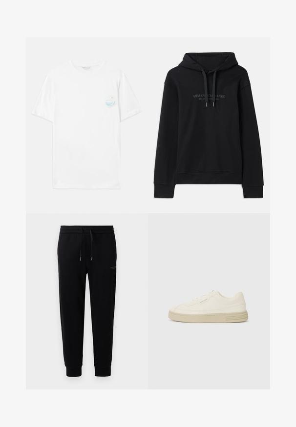 Crna dukserica s kapuljačom izrađena od mekanog materijala, s povlačnom kapuljačom i rebrastim manžetama. Izvezeni logo u tamnim tonovima na prednjoj strani.; Bijela pamučna majica kratkih rukava, s malim šarenim grafičkim printom na lijevoj strani prsnog dijela koji prikazuje valove i tekst "Izvan plastike."; Crne trenirke od mješavine pamuka, s elastičnim pojasom i vezicom, manžetama na gležnjevima i suptilnim otisnutim logom sa strane.; Bijele platnene tenisice s teksturiranom gumenom potplatom, s ušivenim vrhom i logom na peti. Jednostavan model za vezanje.