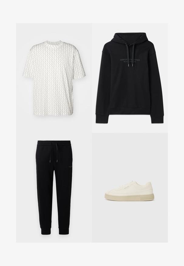 Musta kapuutsiga sviiter, mis on valmistatud pehmest kangast ja millel on reguleeritav kapuuts ning soonikkoes mansetid. Esiküljel on tumedates toonides tikitud logo.; Valge T-särk, millel on korduv hall "A" muster, lühikesed varrukad, ümmargune kaelus ja mõnus lõige. Valmistatud pehmest kangast.; Mustad mustad püksid, mis on valmistatud puuvilla segust, elastse vöökoha ja paelaga, mansettidega pahkluudega ning peene logo trükiga külgedel.; Valged kangast spordijalatsid tekstureeritud kummist tallaga, tükkide õmblusega varbakaitsme ja logo rõhuasetusega kandmisel. Lihtne lipsuga disain.