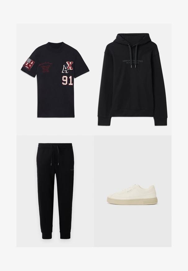Melnā kapuce, kas izgatavota no mīksta auduma, ar aukliņu kapuci un ribotiem piedurkņu galiem. Izšūta logo tumšās tonis priekšpusē.; Melns kokvilnas t-krekls ar izšūtām grafikām, tostarp "AX" un "91" baltā un sarkanā krāsā, un uz piedurknes ir uzplecs ar tekstu "A/X 91".; Melnas sporta bikses, izgatavotas no kokvilnas maisījuma, ar elastīgu jostu un auklu, piedurkņu galiem ar elkoņiem un diskrētu logo druku sānos.; Baltas kanvas sporta apavi ar strukturētu gumijas zoli, ar šūtu purngalu un logotipu uz papēža. Vienkāršs auklu aizdare dizains.