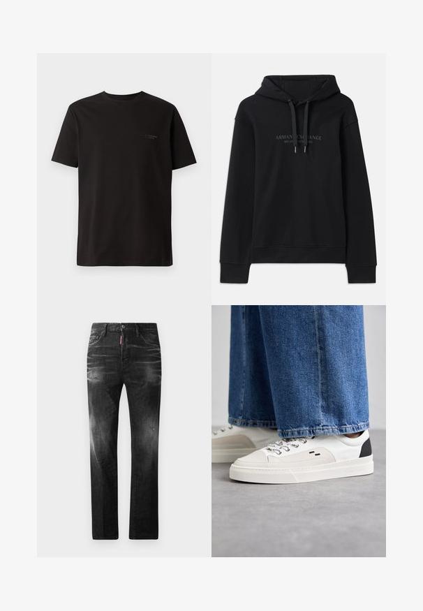 Črna kapuca iz mehkega materiala, z vrvico za nastavitev in rebrastimi manšetami. Vezeno logotip v temnih tonih na sprednji strani.; Črna kratkosleeve majica iz bombaža. Ima okrogel ovratnik in subtilno blagovno znamko na levem prsnem predelu. Gladka tekstura.; Črne jeans hlače s ravnim krojem. Imajo zbledela mesta, manjše obrabe, klasičen petnajstni žepni dizajn in gumbasto zapiranje.; Bela in črna športna obuvala z gladkim usnjenim zgornjim delom, teksturiranimi detajli in masivnim belim podplatom. Imajo klasičen dizajn z vezalkami.