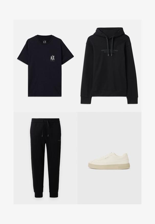 Sweatshirt preto feito de tecido macio, com capô ajustável e punhos canelados. Logótipo bordado em tons escuros na parte da frente.; T-shirt de algodão preto com mangas curtas, decote redondo e logotipo branco no lado esquerdo do peito. Textura suave e ajuste descontraído.; Calças de corrida pretas em mistura de algodão, com uma cintura elástica com cordão, tornozelos ajustados e uma impressão de logótipo subtil na lateral.; Ténis de tela brancos com sola de borracha texturizada, apresentando uma biqueira cosida e um detalhe com o logótipo no calcanhar. Design simples com atacadores.