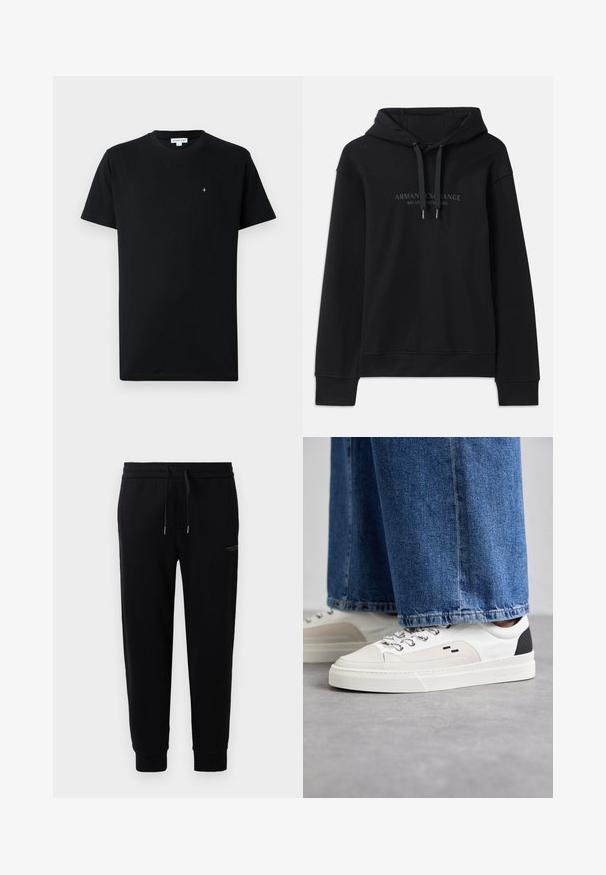 Zwarte hoodie van zacht materiaal, met een capuchon met trekkoord en ribbels aan de mouwen. Geborduurd logo in donkere tinten op de voorkant.; Zwarte T-shirt met korte mouwen van katoen, met een ronde halslijn en een klein, rond logo op de borst. Leverancier een gladde textuur.; Zwarte joggingsbroek van katoenmix met een elastische tailleband met trekkoord, boordjes aan de enkels en een subtiele logo-print aan de zijkant.; Witte en zwarte sneakers met een glad leren bovenwerk, textuuraccenten en een chunky witte zool. Heeft een klassiek vetersluiting ontwerp.