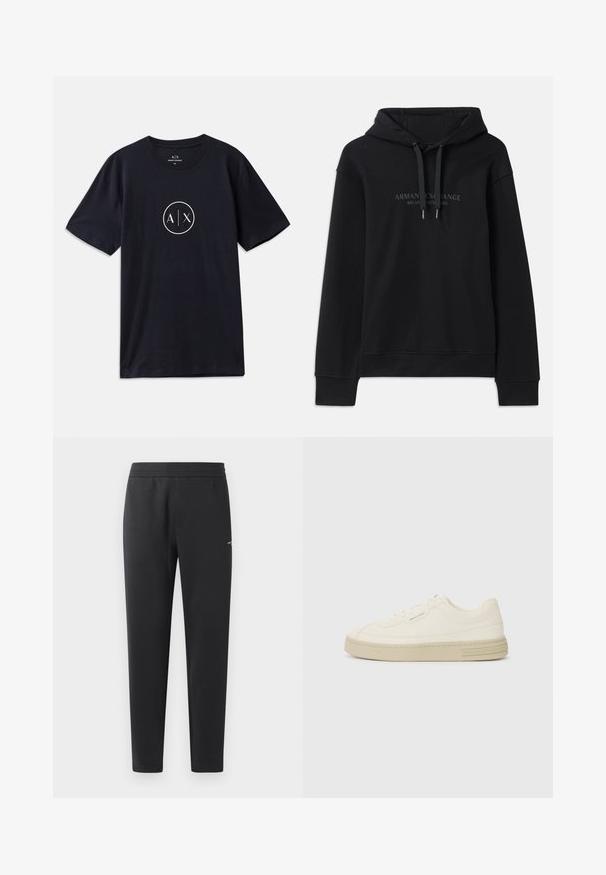 Mustaparta, joka on valmistettu pehmeästä kankaasta, jossa on narutettava huppu ja ribattu hihansuu. Edessä tummasävyinen brodeerattu logo.; Lahja t-paita tummansinistä puuvillasta, jossa on pyöreä kaula-aukko, lyhyet hihat ja keskellä valkoinen ympyrälogo, jossa on kirjaimet "A" ja "X".; Mustat verkkarit, jotka on valmistettu pehmeästä kankaasta. Niissä on joustava vyötärö, suorat lahkeet ja pieni logo-yksityiskohta sivulla.; Valkoiset kangastennarit, joissa on tekstuurilla varustettu kumipohja, ommeltu varvastuppi ja logo-aksentti kantapäässä. Yksinkertainen nauhakiinnitys.