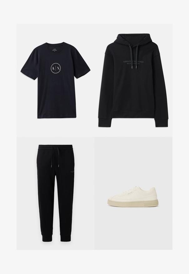 Hanorac negru din material moale, cu glugă ajustabilă și mansete ribbed. Logo brodat în nuanțe închise pe față.; Tricou din bumbac navy, cu guler rotund, mâneci scurte și un logo circular alb, cu literele "A" și "X" în centru.; Pantaloni jogger negri dintr-un amestec de bumbac, cu talie elastică și șnur, glezne cu manșete și o improntă discretă a logo-ului pe lateral.; Adidași albi din pânză cu o talpă din cauciuc texturată, având un vârf cusut și un accent cu logo pe călcâi. Design simplu cu șireturi.