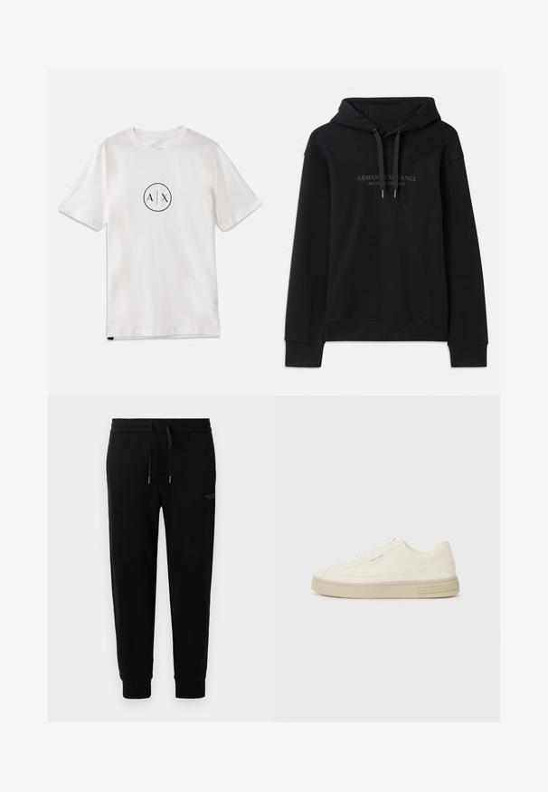 Črna kapuca iz mehkega materiala, z vrvico za nastavitev in rebrastimi manšetami. Vezeno logotip v temnih tonih na sprednji strani.; Bela bombažna majica s kratkimi rokavi, z okrožnim črnim logotipom z "A/X" v središču, klasičen kroj z okroglim ovratnikom.; Črne trenirke iz mešanice bombaža, z elastičnim pasom in vrvico, z manšetami na gležnjih ter diskretnim tiskom logotipa ob strani.; Bele platnene športne copate z teksturirano gumijasto podplatom, ki imajo šivani zaščitni prst in logo na peti. Enostavna zasnova z vezalkami.