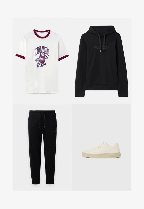 Sweatshirt preto feito de tecido macio, com capô ajustável e punhos canelados. Logótipo bordado em tons escuros na parte da frente.; Camiseta branca de algodão com gola e mangas em creme. Possui um design gráfico de um personagem segurando um taco e o texto "MILANO".; Calças de corrida pretas em mistura de algodão, com uma cintura elástica com cordão, tornozelos ajustados e uma impressão de logótipo subtil na lateral.; Ténis de tela brancos com sola de borracha texturizada, apresentando uma biqueira cosida e um detalhe com o logótipo no calcanhar. Design simples com atacadores.