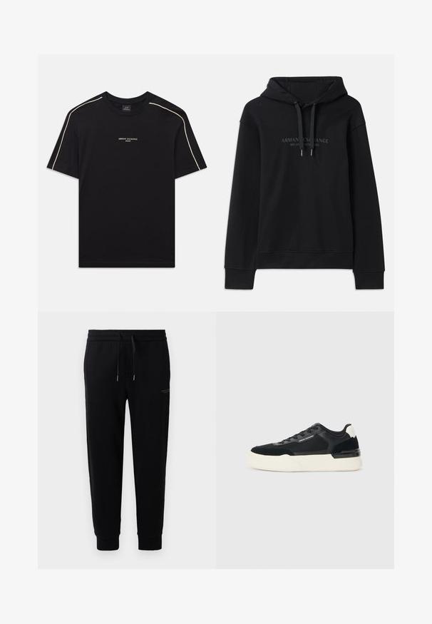 Sweatshirt preto feito de tecido macio, com capô ajustável e punhos canelados. Logótipo bordado em tons escuros na parte da frente.; T-shirt de algodão preto com mangas curtas, gola redonda, costura de destaque bege nos ombros e logo ARMANI EXCHANGE ao centro.; Calças de corrida pretas em mistura de algodão, com uma cintura elástica com cordão, tornozelos ajustados e uma impressão de logótipo subtil na lateral.; Sapata preta feita de malha e couro, apresentando uma sola branca grossa e detalhes contrastantes. Cadarços e detalhe do logótipo na lateral.