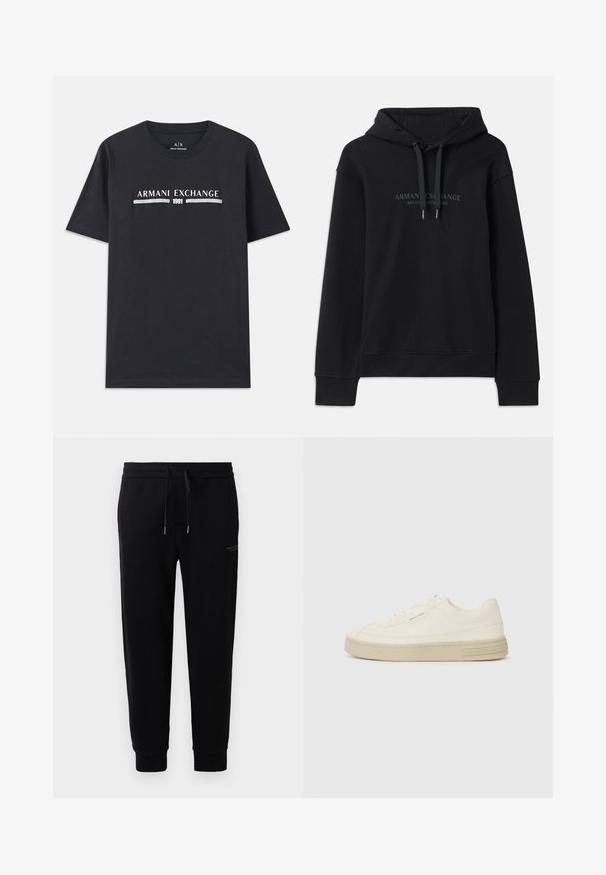 Svart hettegenser laget av mykt stoff, med snor til hetten og ribbede mansjetter. Brodert logo i mørke toner på fronten.; Svart bomull T-skjorte med "Armani Exchange"-logo og "1991" i hvit og lyseblå tekst over brystet. Korte ermer, rund hals.; Sorte joggebukser laget av bomullsblanding, med elastisk midjebånd og snor, oppbrettede ankler, og et subtilt logotrykk på siden.; Hvite lerrets sneakers med en teksturert gummisåle, med en sydd tåhette og logo aksent på hælen. Enkel snøring.