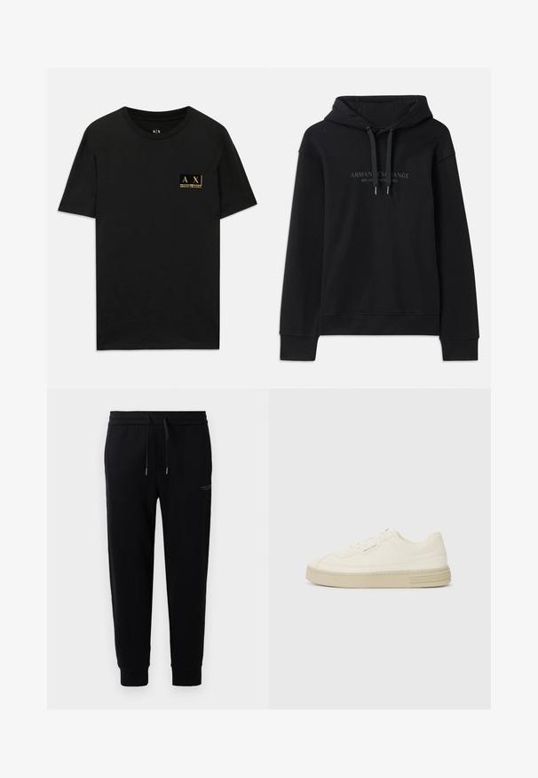 Hanorac negru din material moale, cu glugă ajustabilă și mansete ribbed. Logo brodat în nuanțe închise pe față.; Tricou din bumbac negru cu guler rotund. Are un mic emblemă aurie pe pieptul stâng cu textul "AX Armani Exchange". Croială clasică.; Pantaloni jogger negri dintr-un amestec de bumbac, cu talie elastică și șnur, glezne cu manșete și o improntă discretă a logo-ului pe lateral.; Adidași albi din pânză cu o talpă din cauciuc texturată, având un vârf cusut și un accent cu logo pe călcâi. Design simplu cu șireturi.