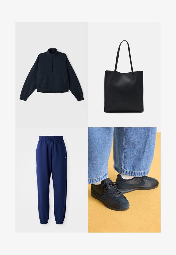 Sötétkék pulóver, magas gallérral, félig zipzáros elülső résszel és leengedett vállakkal. Puha, mintás anyag, elasztikus mandzsettákkal és szegéllyel.; Navy kék sportnadrág puha anyagból, elasztikus derékpánttal és zsinórral, elasztikus mandzsettákkal és egy kis fehér logóval.; Fekete Nike sportcipők, velúrból és szövetből készült anyagokkal, lekerekített orral, fűzős kialakítással és barázdált gumitalppal, kék farmerral párosítva.; Fekete bőrtáska sima felszínnel, téglalap alakú, két hosszú füllel. Nincs látható fémkiegészítő vagy díszítés.