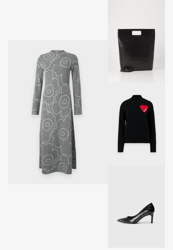 Schwarzer Pullover mit hohem Kragen, mit einem roten Herz und dem Wort "FUTURE" in weißem Strick auf der linken Seite. Glatte Textur.; Graues Midikleid mit langen Ärmeln, großen weißen Umrissen von Blumenmustern und einem hohen, gerundeten Ausschnitt vor einfarbigem Hintergrund.; Schwarze spitz zulaufende High Heels mit glänzender Oberfläche und subtilem Texturmuster. Verfügt über einen moderaten Absatz und ein offenes Schlüpfen-Design.; Schwarze Leder-Tote-Tasche mit einem quadratischen Griff, ausgestattet mit einer strukturierten Oberfläche und geprägtem Logo. Inklusive abnehmbarem Tragegurt.