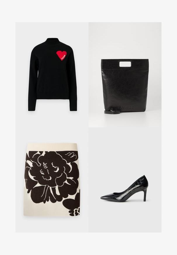 Černý svetr s vysokým límcem, na levé straně s červeným srdcem a bílým nápisem "FUTURE" z pleteniny. Hladká textura.; Krémová sukně se širokým žebrovaným pasem a velkým černým květinovým potiskem pokrývajícím přední látku.; Černé lodičky s špičatou špičkou, lesklým povrchem a jemným texturovaným vzorem. Obsahuje středně vysoký podpatek a otevřený design v oblasti krku.; Černá kožená taška přes rameno se čtvercovou rukojetí, s texturovaným povrchem a embosovaným logem. Obsahuje odnímatelný popruh.