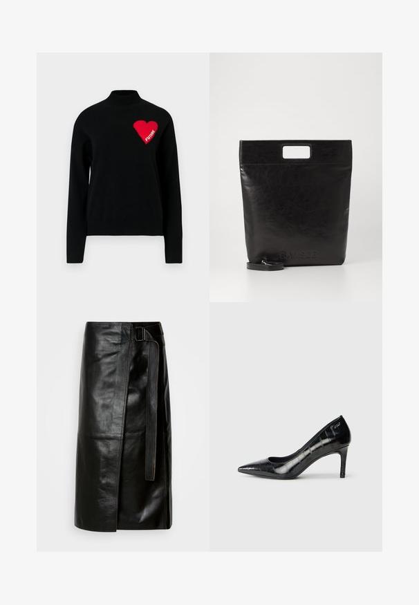 Suéter preto com um decote alto, apresentando um coração vermelho e a palavra "FUTURE" em malha branca no lado esquerdo. Textura suave.; Saia de couro preto com um design em envelope, apresentando um fecho lateral com fivela e detalhes de costura contrastantes, textura suave, até ao joelho.; Sapatos de salto alto pretos, com bico fino, acabamento brilhante e padrão texturado subtil. Apresentam um salto moderado e um design com abertura na garganta.; Saco tote de couro preto com uma pega quadrada, apresentando um acabamento texturizado e logotipo em relevo. Inclui uma alça destacável.