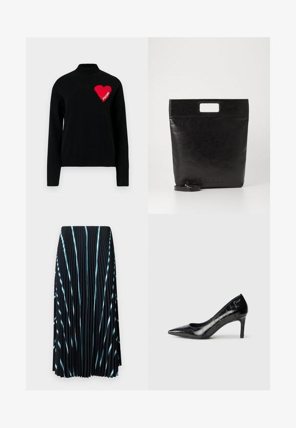 Juodas megztinis su aukštu kaklu, kairėje pusėje esantis raudonas širdelės ir žodžio "ATEITIS" baltas mezginys. Lygus paviršius.; Juodas klostuotas sijonas su šviesiai mėlynomis įstrižainėmis. Pagamintas iš lengvos, tekstūruotos medžiagos. Krenta iki vidurinės blauzdos ilgio, be matomų užsegimų.; Juodi smailėmis žeminti aukštakulniai bateliai su blizgiu paviršiumi ir subtiliu tekstūriniu raštu. Turintys vidutinio aukščio kulną ir atvirą gerklės dizainą.; Juoda odinė rankinė su kvadratiniu rankenu, su tekstūruotu paviršiumi ir įspaustu logotipu. Įeina nusiimama diržas.