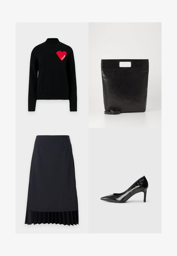 Sort sweater med høj krave, prydet med et rødt hjerte og ordet "FUTURE" i hvid strik på venstre side. Glat tekstur.; Sort blyantskirt med plisseret kant, skræddersyet pasform og en glat tekstur. Indeholder en diskret sidelukning og minimalistisk detaljering.; Sorte spidse højhælede sko med en glansfuld overflade og en subtil tekstureret mønster. Har en moderat hæl og åben hals design.; Sort læder tote bag med et firkantet håndtag, der har en tekstureret overflade og prægede logo. Indeholder en aftagelig rem.
