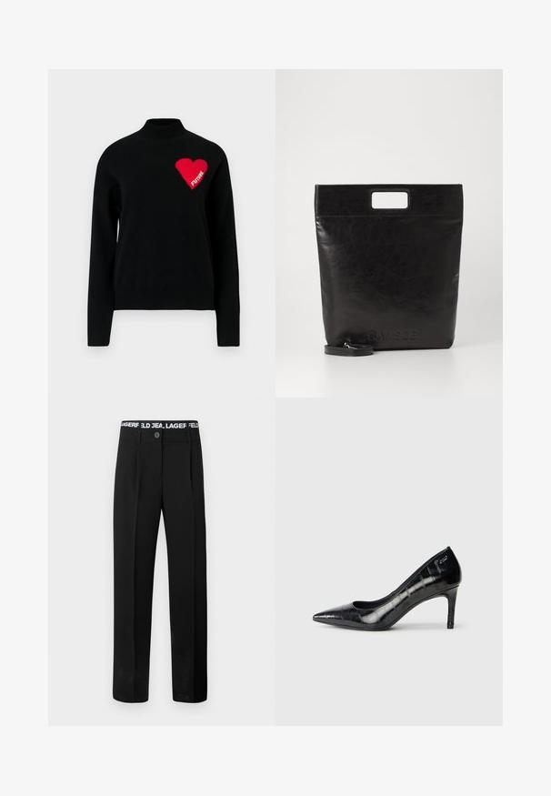 Svart genser med høy hals, prydet med et rødt hjerte og ordet "FREMTID" i hvitt strikk på venstre side. Glatt tekstur.; Sorte bukser laget av bomullsblanding. Har et hvitt merkevareskilt i midjen, knapper i lukking, og rett snitt-design med side lommer.; Sorte spisse høye hæler med en blank finish og et subtilt teksturmønster. Har en moderat hæl og åpen halsdesign.; Svart lær tote veske med firkantet håndtak, med teksturert overflate og preget logo. Inkluderer en avtagbar stropp.