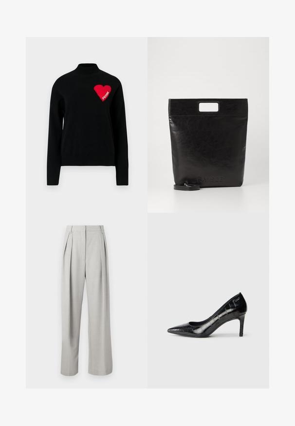 Black sweater with a high neckline, featuring a red heart and the word "FUTURE" in white knit on the left side. Smooth texture.; Light gray pleated trousers with a high waist, wide leg design, smooth texture, and no visible hardware or patterns.; Black pointed-toe high heels with a glossy finish and subtle textured pattern. Features a moderate heel and open throat design.; Black leather tote bag with a square handle, featuring a textured finish and embossed logo. Includes a detachable strap.