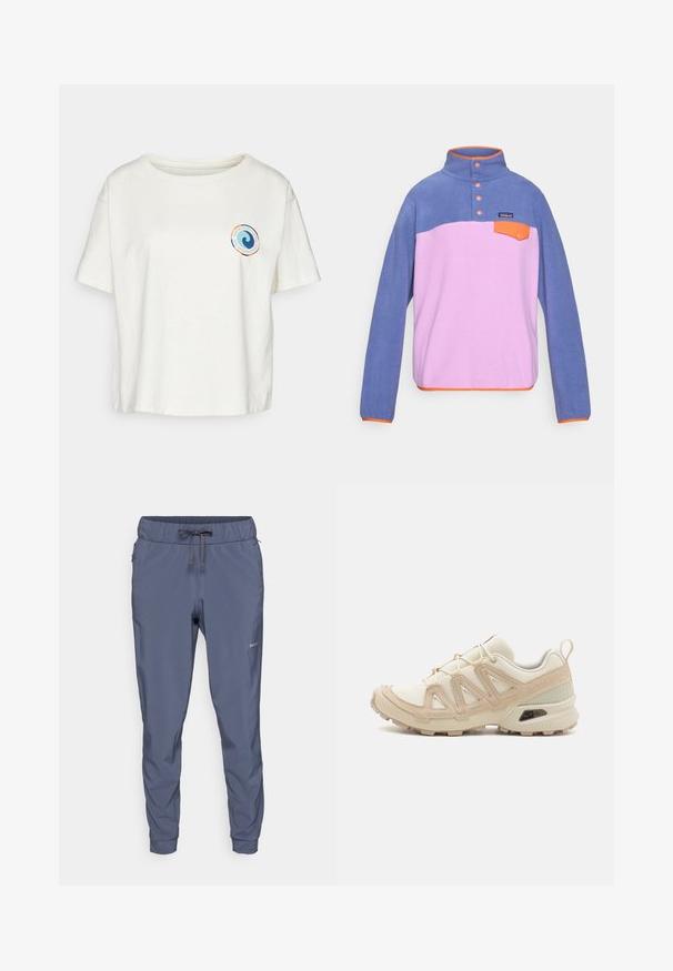 Fleece pullover met hoge kraag, met een blauwe bovenkant, roze onderkant, oranje accenten, drie knopen en een klein voorvakje.; Patagonia UNITY FITZ EASY CUT RESPONSIBILI-TEE - T-shirt print - birch white; Patagonia TERREBONNE JOGGERS - Outdoorbroeken - smolder blue; Beige en crème sportschoen met een textuur-mesh bovenwerk, ondersteunende overlays en een rubberen zool met een profielpatroon voor grip.