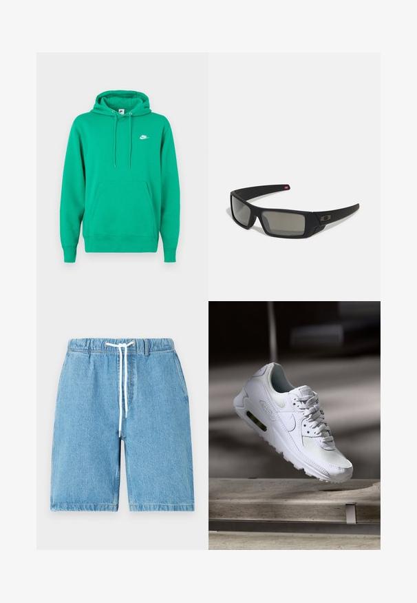 Grøn Nike hoodie med en frontlomme, hætte med snoretræk og et lille hvidt logo på venstre bryst. Blødt stof, standard pasform.; Lyseblå denimshorts med elastisk talje, hvid snor og en afslappet pasform. Har en glat tekstur og afsluttede kanter.; Hvide Nike Air Max 90 sneakers med en overdel i mesh og læder, perforeret tåboks og en synlig luftenhed i hælen.; Sorte solbriller med mat finish, rektangulære linser, let kurve ved templerne, diskret logo detaljer og røgfarvede linser.