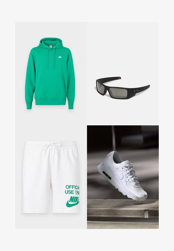 Roheline Nike kapuutsiga sviiter, millel on esine tasku, nööriga kapuuts ja väike valge logo vasakul rinnal. Pehme kangas, tavapärane lõige.; Valged puuvillased lühikesed püksid elastse vöökoha ja reguleeritava nööriga, millel on roheline tekst ja logo paremal poolel.; Valged Nike Air Max 90 sneakers, millel on võrkkangast ja nahast ülemine osa, aukudega varbadosa ning nähtav õhuüksus kandades.; Mustad mustaga viimistlusega prillid, ristkülikukujulised läätsed, templite kerge kõverus, diskreetne logo detail ja suitsutatud läätsed.