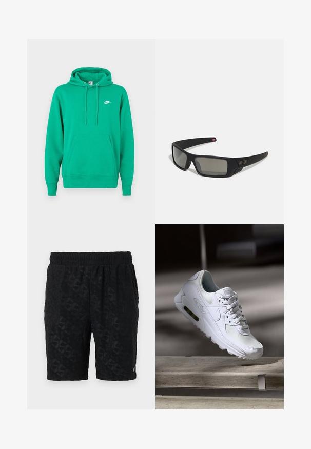 Sudadera verde de Nike con un bolsillo frontal, capucha con cordón y un pequeño logo blanco en el lado izquierdo del pecho. Tejido suave, ajuste estándar.; Pantalones cortos negros hechos de un tejido texturizado con un patrón en relieve. Cintura elástica para mayor comodidad. Diseño sencillo sin hardware visible.; Zapatilla Nike Air Max 90 blanca con parte superior de malla y cuero, caja de puntera perforada y unidad de aire visible en el talón.; Gafas de sol negras con acabado mate, lentes rectangulares, ligera curvatura en las patillas, sutil detalle del logo y lentes ahumados.