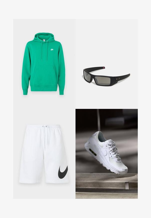 Žalias Nike džemperis su priekyje kišene, su raišteliais reguliuojama kapuce ir mažas baltas logotipas kairėje krūtinės pusėje. Minkšta medžiaga, standartinė danga.; Balti medvilniniai šortai su elastingu juosmeniu, reguliuojama raišteliu ir dideliu juodu Nike logotipu kairėje kojoje. Lygus paviršius.; Baltos Nike Air Max 90 sportbačiai su.comi ir odos viršumi, perforuota pirštų dėžute ir matomu oro pagalvėle kulne.; Juodi akiniai saulės su matinio paviršiaus užbaigimu, stačiakampiai lęšiai, švelnus lenkimas ant šventyklų, subtilus logotipo detalizavimas ir dūminiai lęšiai.