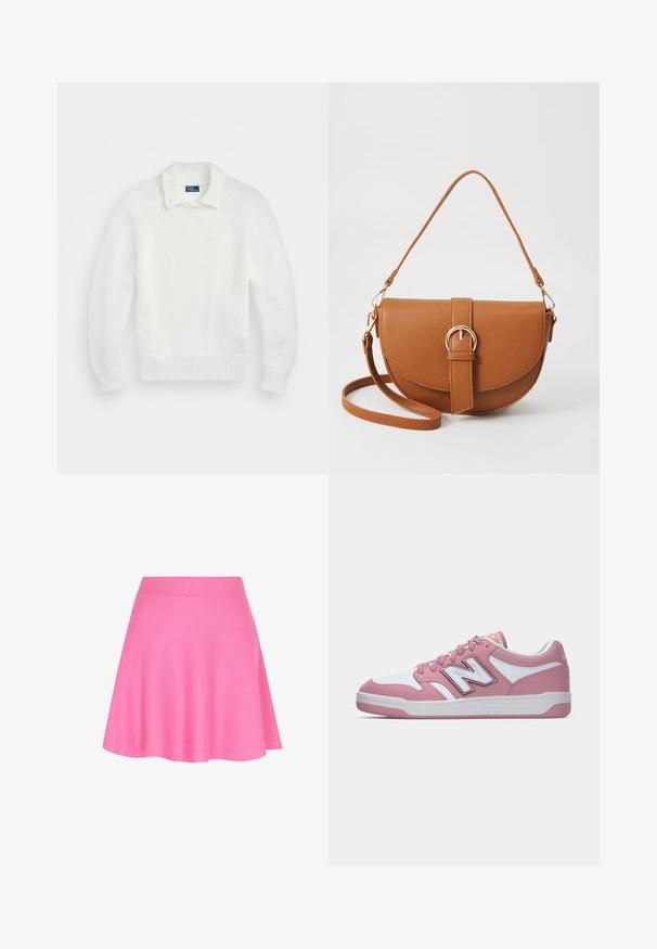 White knitted sweater with a ribbed hem and cuffs, featuring a folded collar and raglan sleeves, made from soft, textured fabric.; Pink knit skirt with a fitted waistband and flared design, made of soft fabric that adds a smooth texture.; Pink athletic shoe with white accents, featuring a textured upper, round laces, padded collar, and a rubber sole with a clean design.; Brown leather crossbody bag with a curved shape, gold hardware, and a buckle accent. Features a detachable shoulder strap.