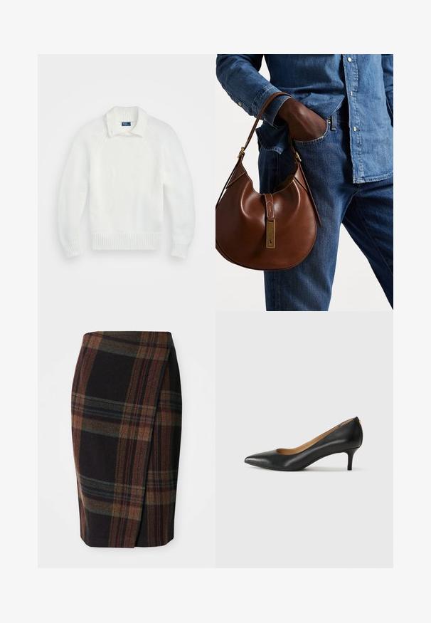 White knitted sweater with a ribbed hem and cuffs, featuring a folded collar and raglan sleeves, made from soft, textured fabric.; Tartan pencil skirt in dark colors with horizontal and vertical patterns. Made of wool, featuring a side slit for ease of movement.; Black leather pump with a pointed toe, low heel, and a smooth texture. Features a slight opening at the front and minimal hardware at the back.; Brown leather hobo bag with a rounded shape, featuring a gold hardware accent and contrast stitching. Paired with a denim shirt and jeans.