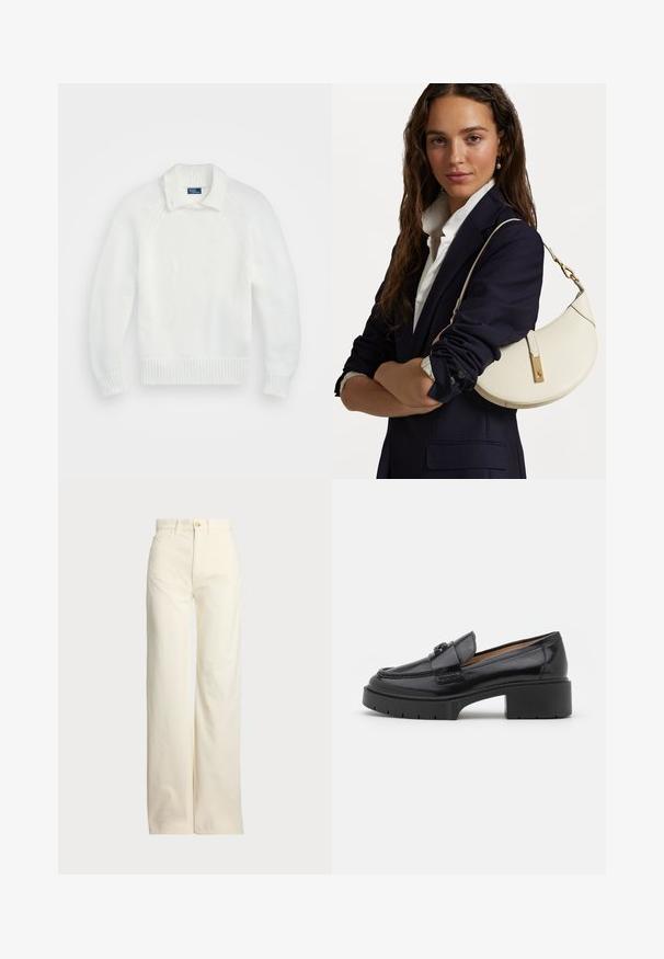 Sweater branco tricotado com bainha e punhos canelados, apresentando um colarinho dobrado e mangas raglan, feito de um tecido macio e texturizado.; Polo Ralph Lauren COTTON CORDUROY WIDE-LEG PANT - Calças - warm white; Mocassim de couro preto com um salto baixo, bico arredondado, fita decorativa e detalhe de costura texturizada na parte superior. Acabamento suave.; Bolsa de mão de couro branco com forma curva, material dourado e acabamento texturizado, usada sobre um blazer escuro e uma camisa branca.