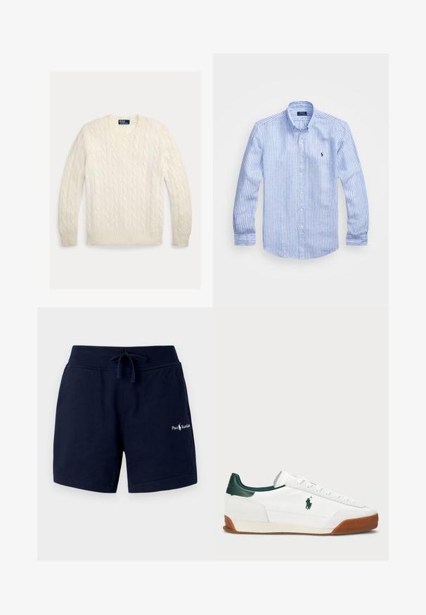 Krémový sveter s vrkočovým vzorom, okrúhlym výstrihom, rebrovanými manžetami a lemom. Vyrobený z mäkkého materiálu, s celoplošným textúrovaným vzorom.; Modrá a biela prúžkovaná košeľa s dlhými rukávmi vyrobená z bavlny, vybavená golierom na gombíky, prednými gombíkmi a malým vyšitým logom na hrudi.; Námornícky modré bavlnené šortky s elastickým pásom, sťahovacou šnúrkou, bočnými vreckami a vyšívaným logom na ľavej nohe. Hladká textúra.; Biele tenisky s zelenými koženými akcentmi a hnedou gumovou podrážkou. S tkaninovým telom a výrazným logom na boku. Šnurovanie.